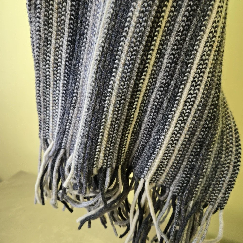 William Brunton Hand Knits Scotland 100% Pure Lambswool Gray/Black Striped Scarf